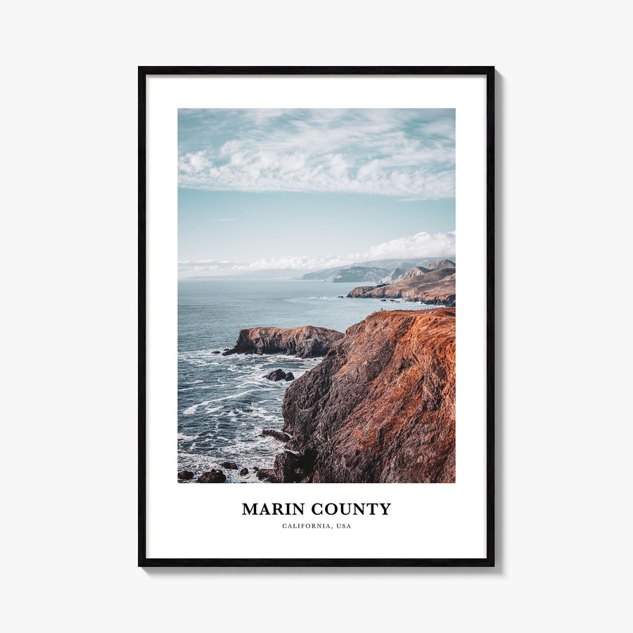 Marin County colorful classic poster of California, USA – vertical wall art, unframed print shown in interior mockup