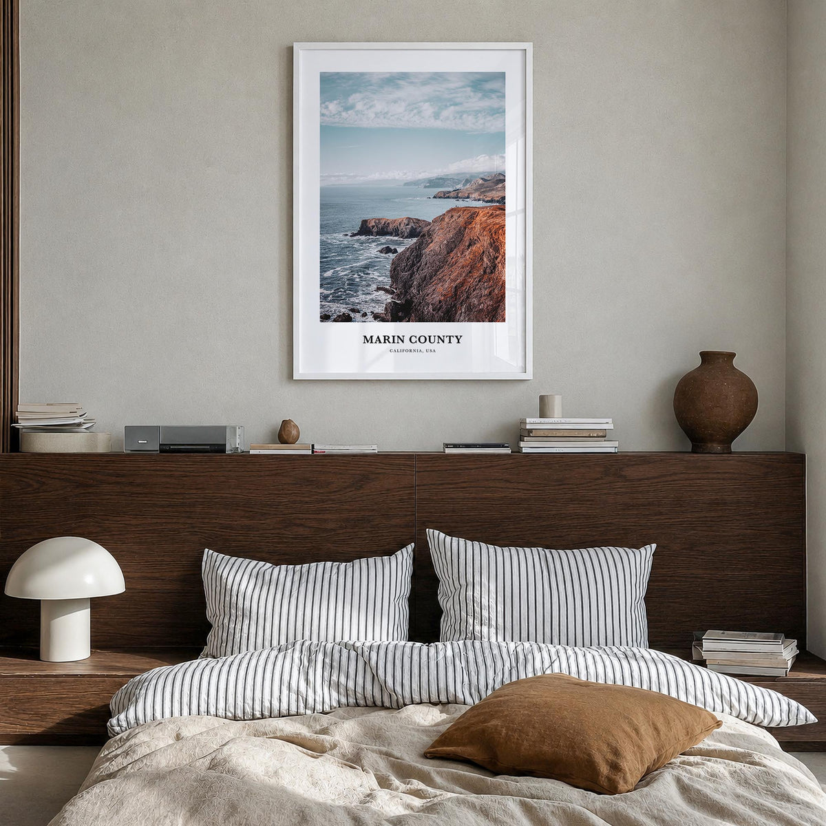 Marin County colorful classic poster of California, USA – vertical wall art in white wood frame, hanging on wall