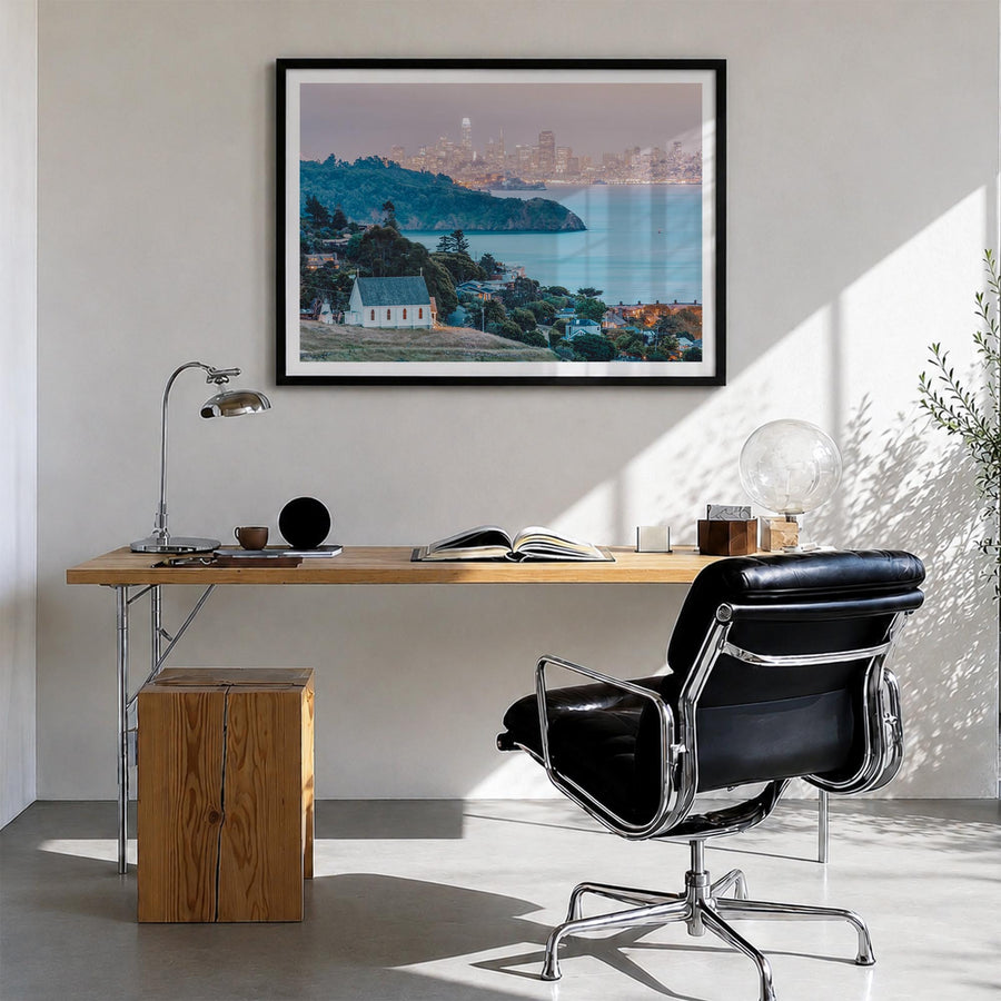 Marin County colorful photo poster of California, USA – horizontal wall art in black wood frame with white border, hanging on