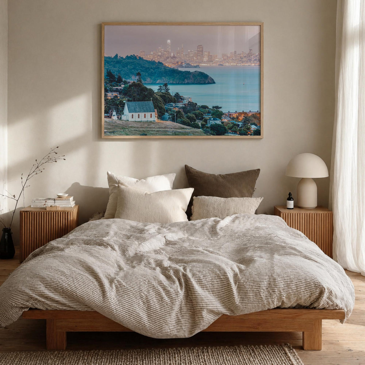 Marin County colorful photo poster of California, USA – horizontal wall art in natural wood frame, hanging on wall