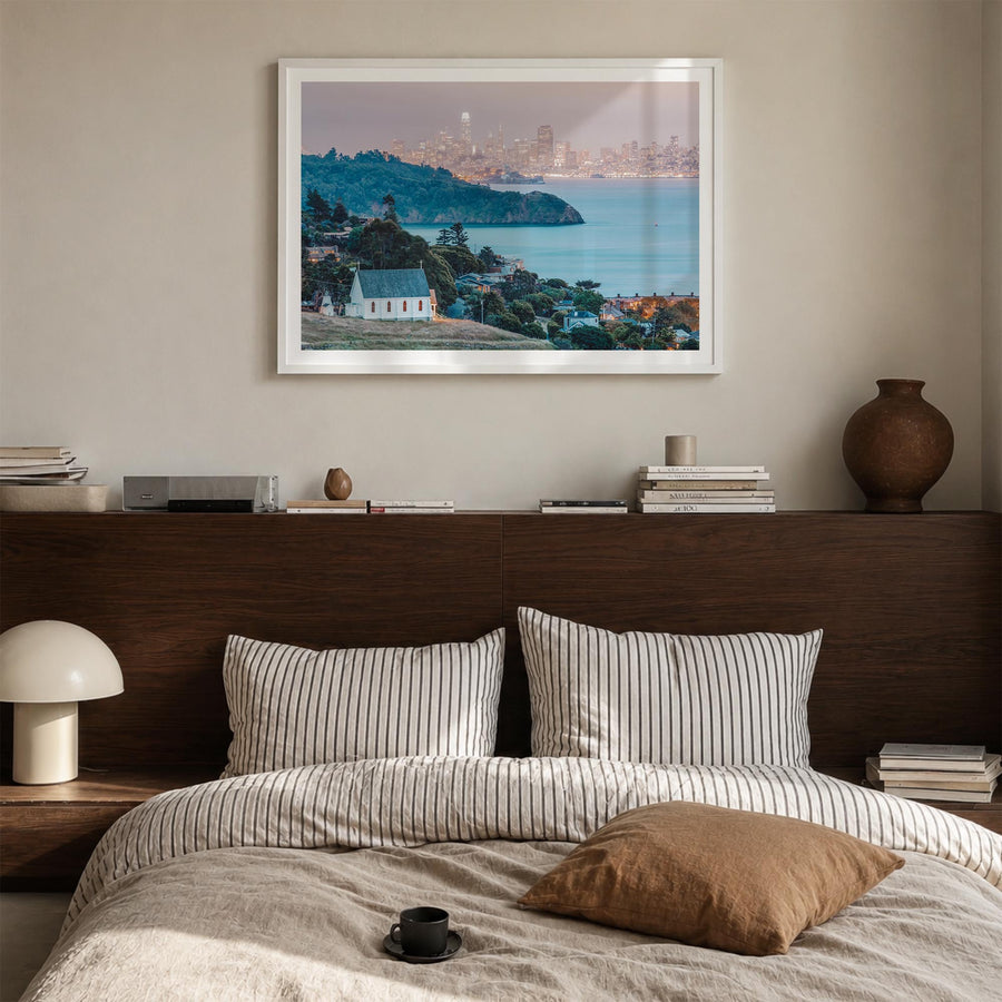Marin County colorful photo poster of California, USA – horizontal wall art in white wood frame with white border, hanging on