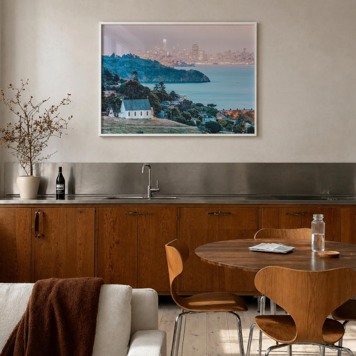 Marin County colorful photo poster of California, USA – horizontal wall art in white wood frame, hanging on wall
