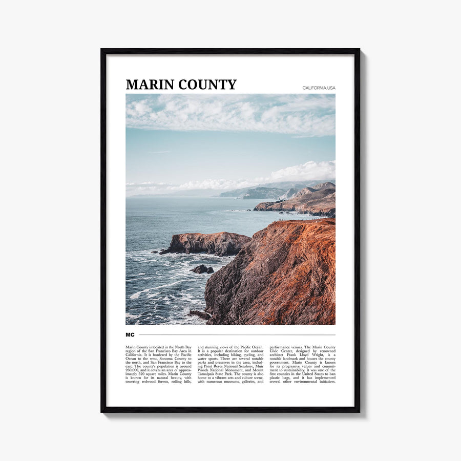 Marin County colorful travel poster of California, USA – vertical wall art, unframed print shown in interior mockup