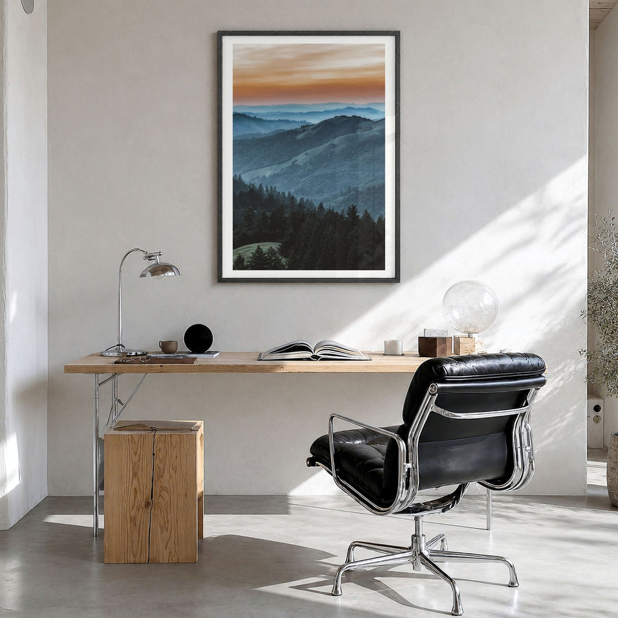 Marin County Photo No 1 Poster in a black wood frame, hanging in a bright home office, white border