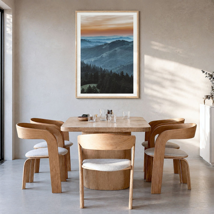 Marin County Photo No 1 Poster in a natural wood frame, hanging in a dining room, white border