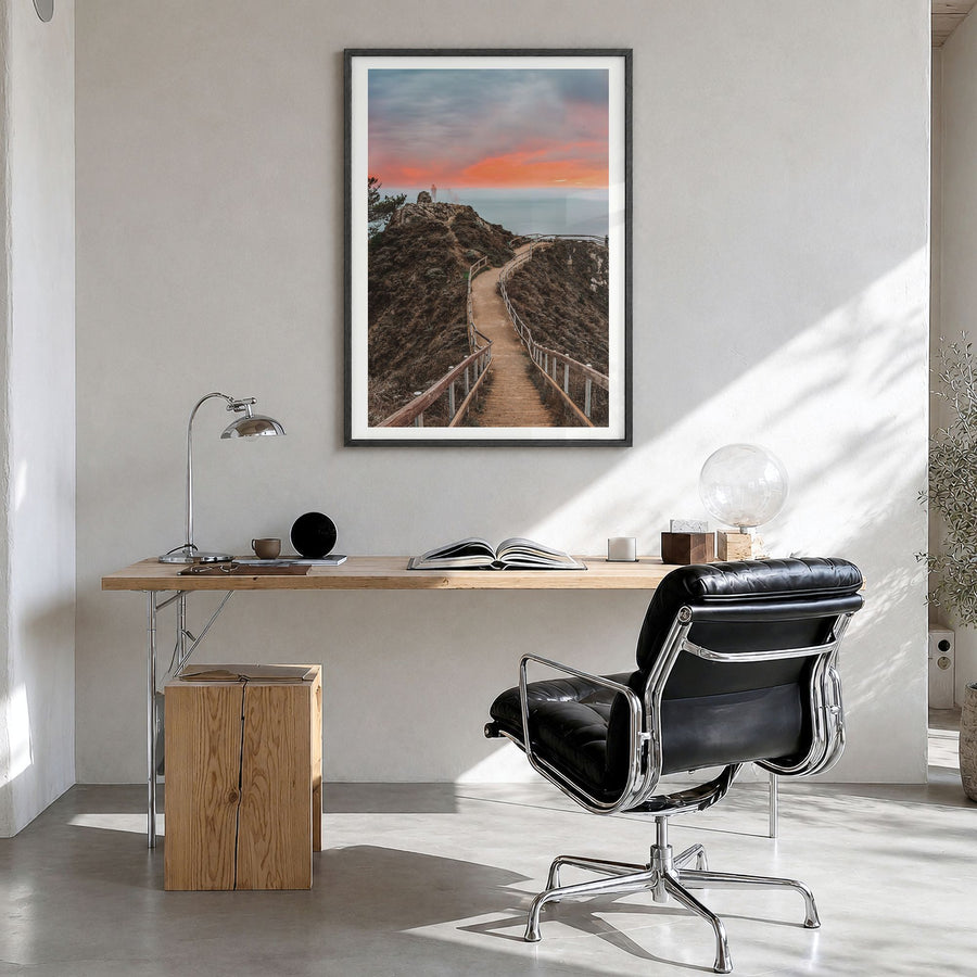 Marin County Photo No 2 Poster in a black wood frame, hanging in a bright home office, white border