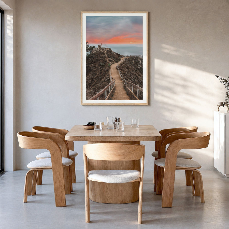 Marin County Photo No 2 Poster in a natural wood frame, hanging in a dining room, white border