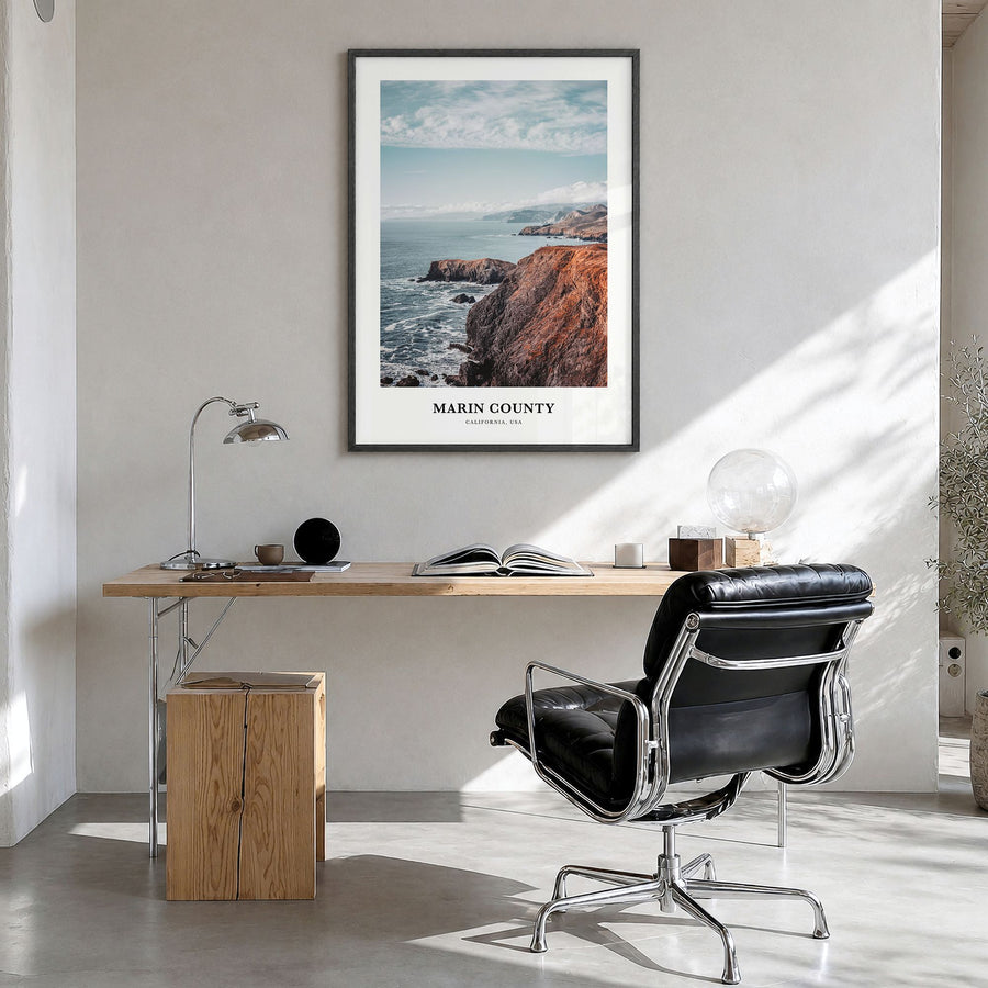 Marin County Classic Poster in a black wood frame, hanging in a bright home office