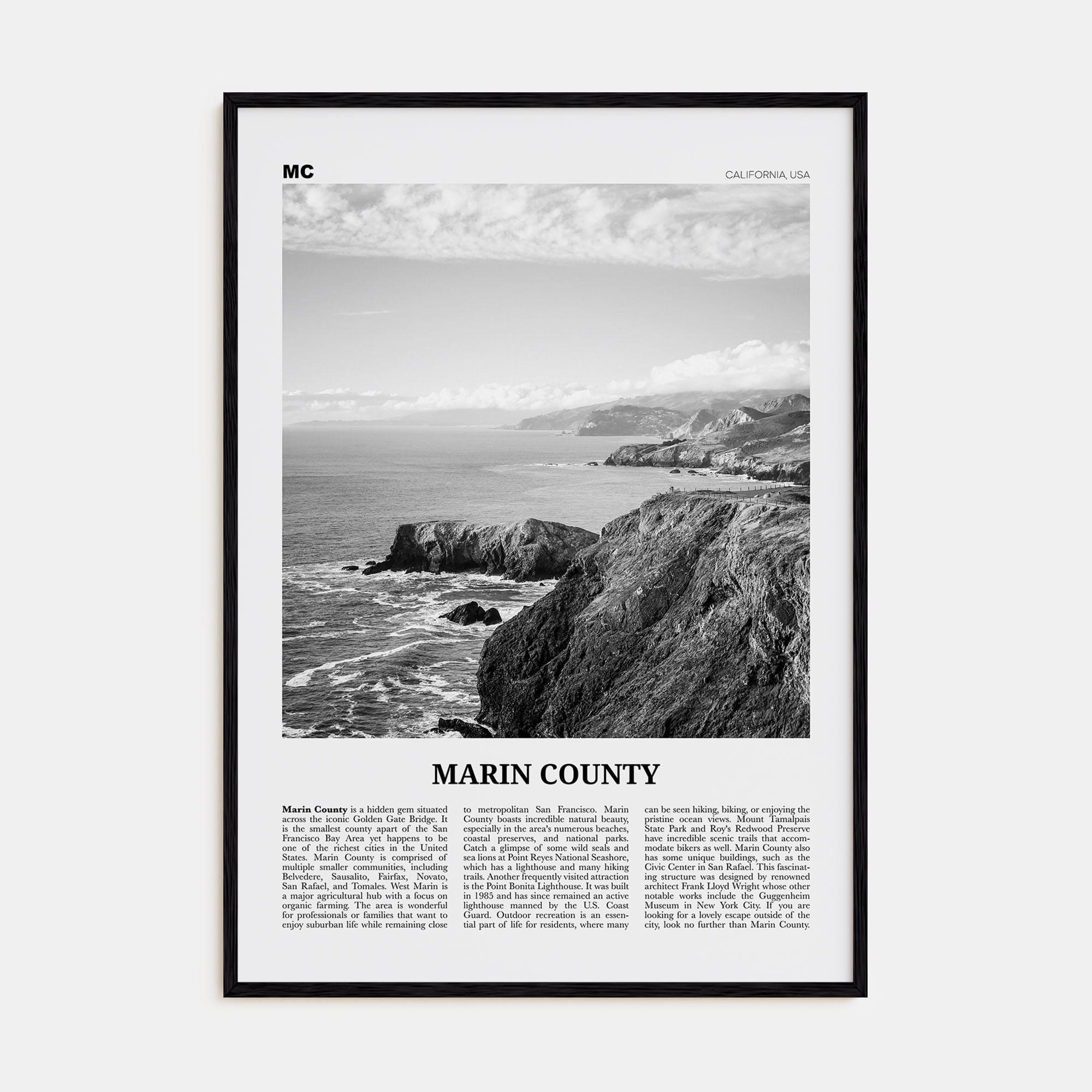 Marin County Poster Black Wood / 8x12 in Nbourhood Travel B&W Poster