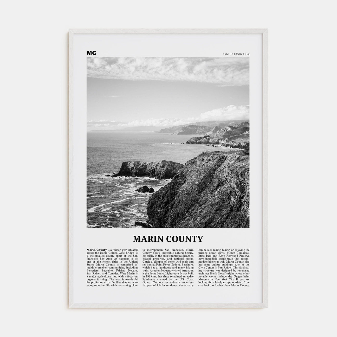 Marin County Poster White Wood / 8x12 in Nbourhood Travel B&W Poster