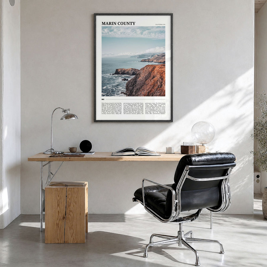 Marin County Travel Poster in a black wood frame, hanging in a bright home office