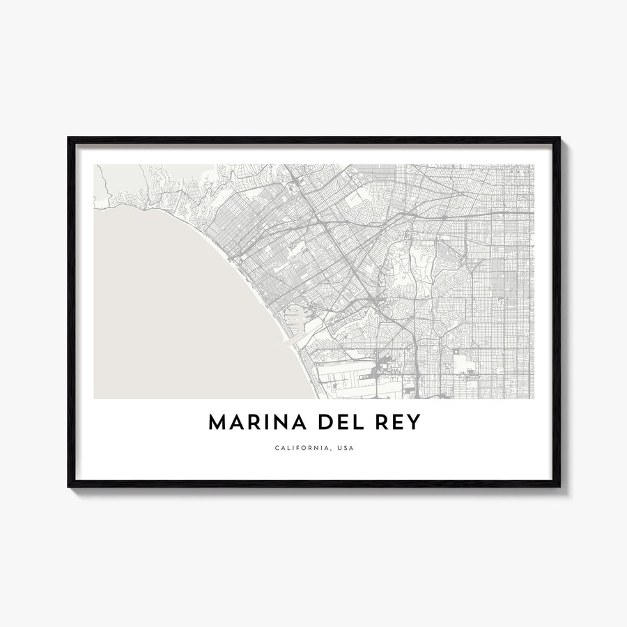 Marina del Rey black & white map poster of California, USA – horizontal wall art, unframed print shown in interior mockup