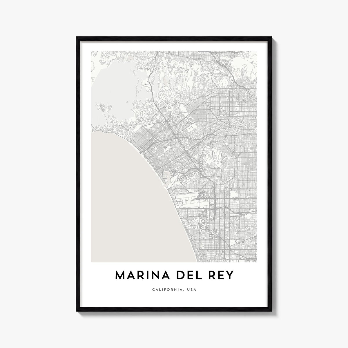 Marina del Rey black & white map poster of California, USA – vertical wall art, unframed print shown in interior mockup