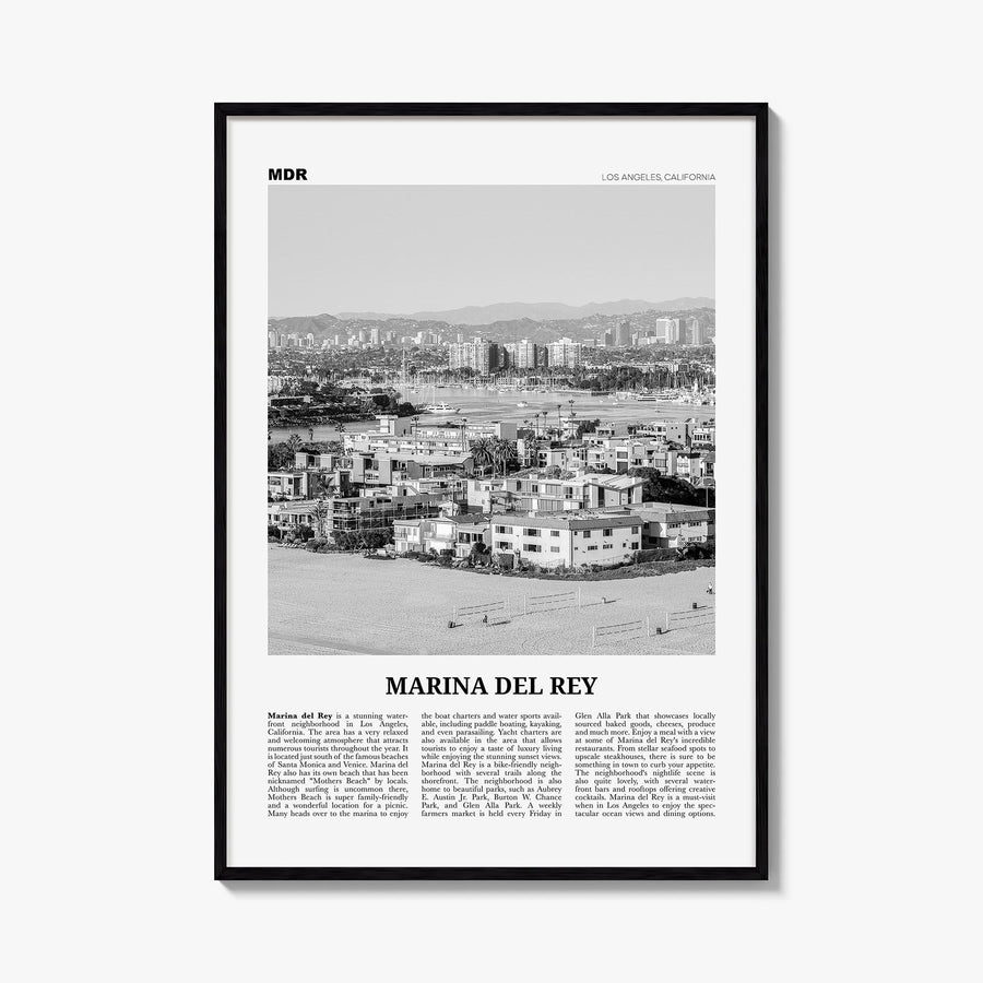 Marina del Rey black & white newspaper poster of California, USA – vertical wall art, unframed print shown in interior mockup