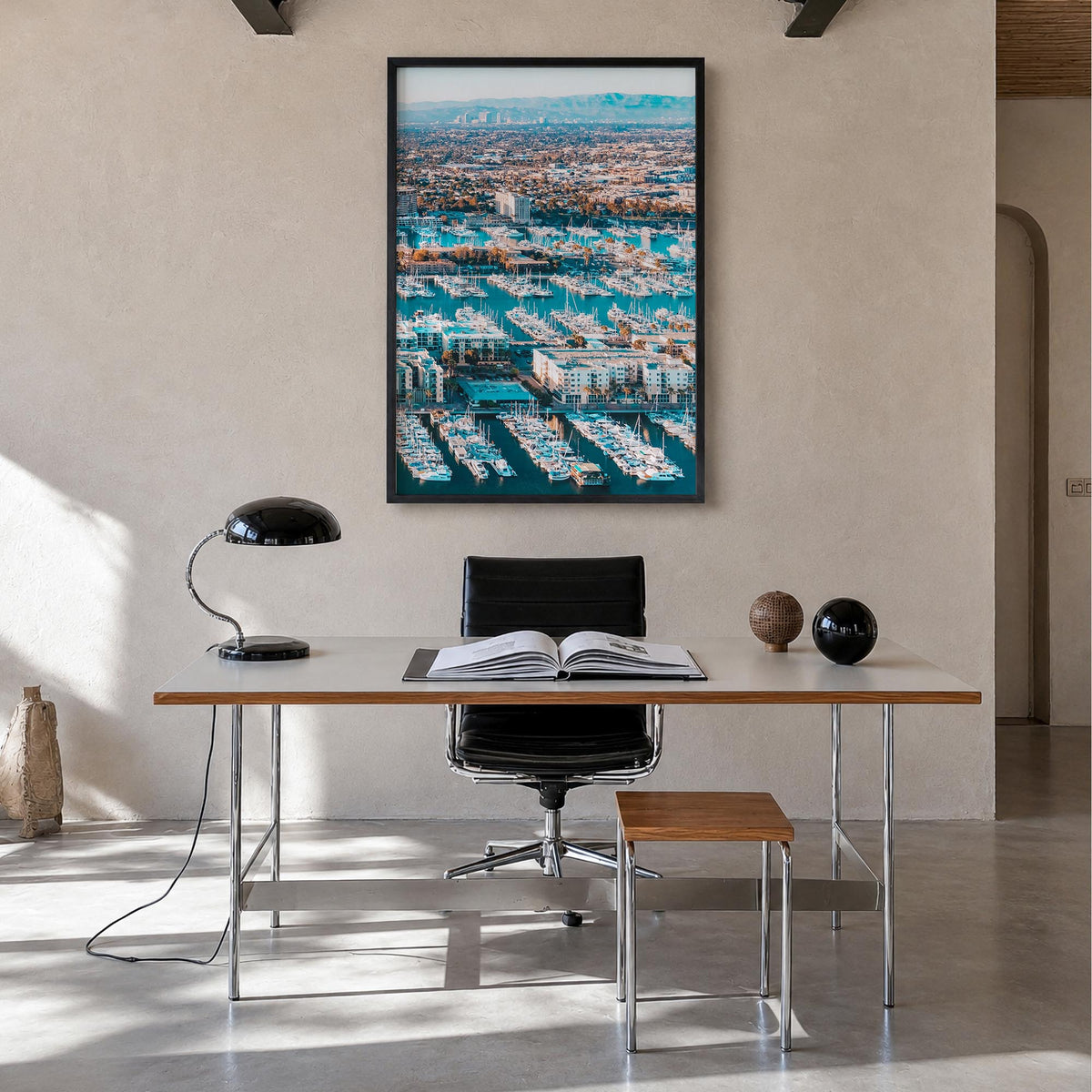 Marina del Rey colorful photo poster of California, USA – vertical wall art in black wood frame, hanging on wall