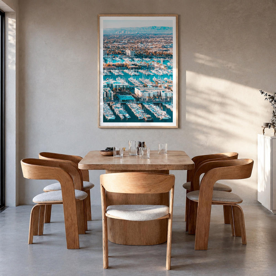 Marina del Rey colorful photo poster of California, USA – vertical wall art in natural wood frame with white border, hanging 