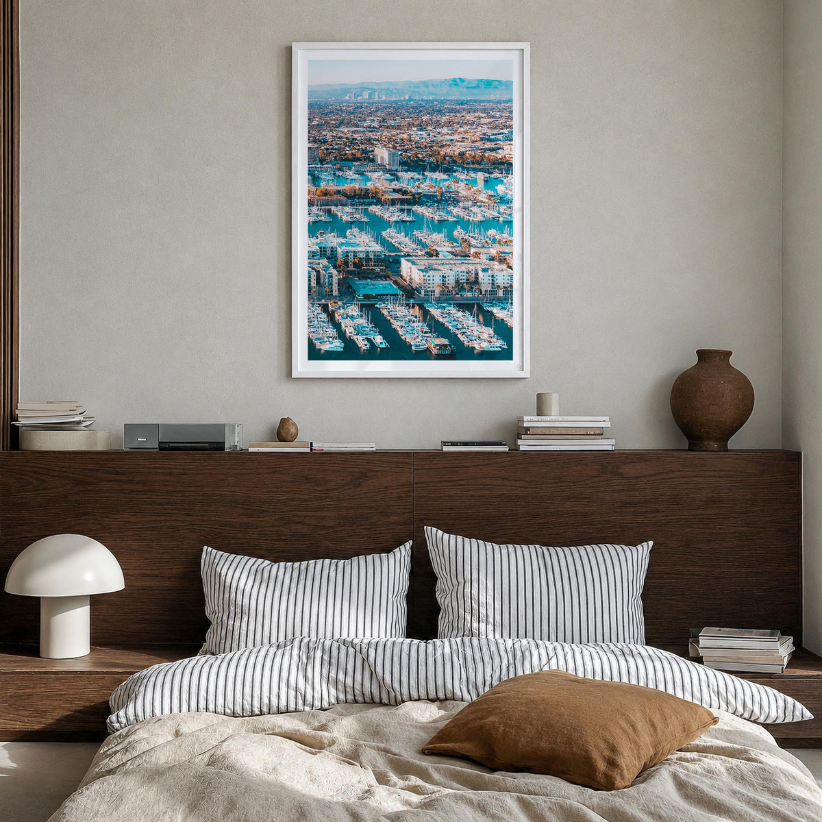 Marina del Rey colorful photo poster of California, USA – vertical wall art in white wood frame with white border, hanging on