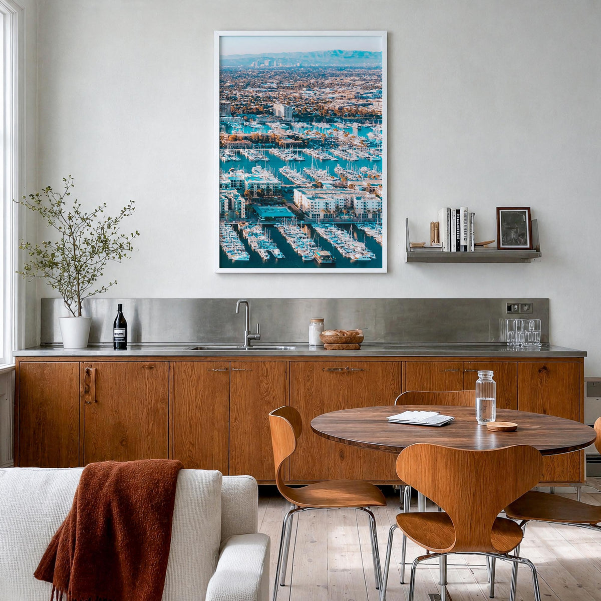 Marina del Rey colorful photo poster of California, USA – vertical wall art in white wood frame, hanging on wall