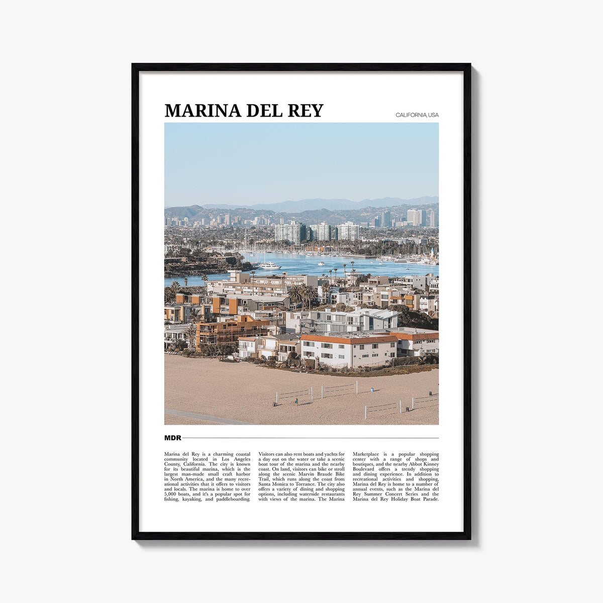 Marina del Rey colorful travel poster of California, USA – vertical wall art, unframed print shown in interior mockup