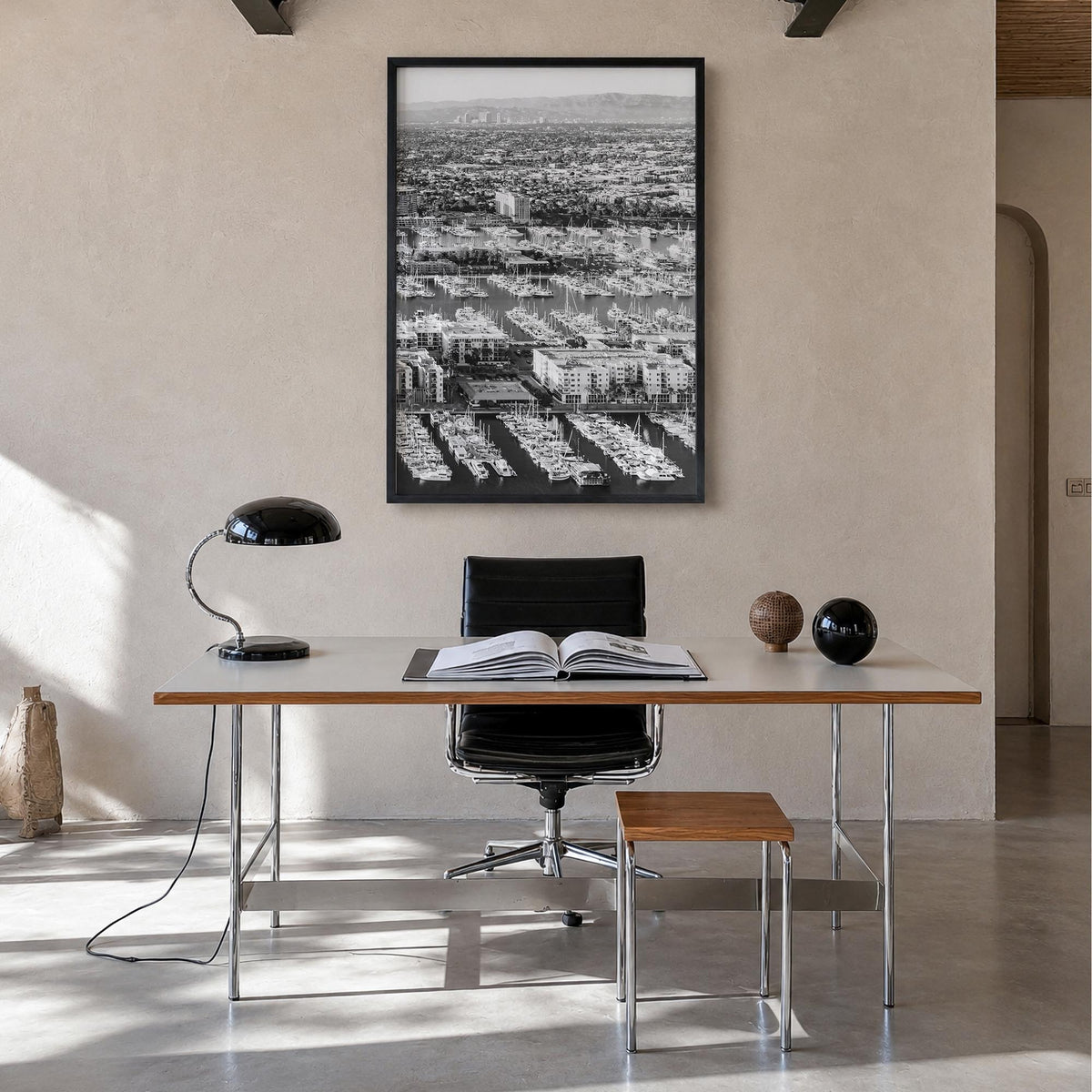 Marina del Rey no. 2 black & white photo poster of California, USA – vertical wall art in black wood frame, hanging on wall