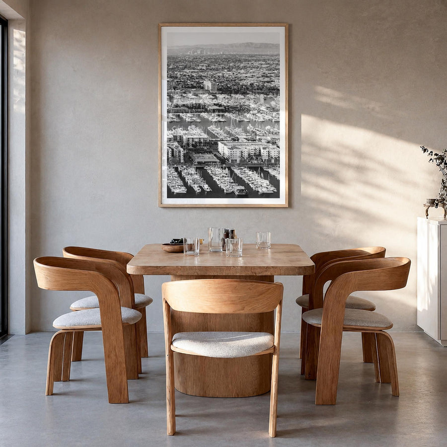 Marina del Rey no. 2 black & white photo poster of California, USA – vertical wall art in natural wood frame with white borde