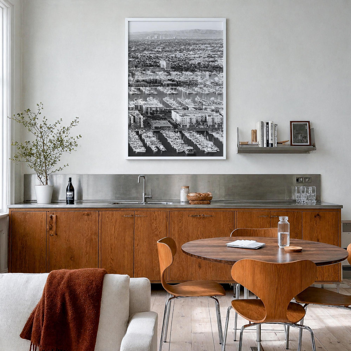 Marina del Rey no. 2 black & white photo poster of California, USA – vertical wall art in white wood frame, hanging on wall