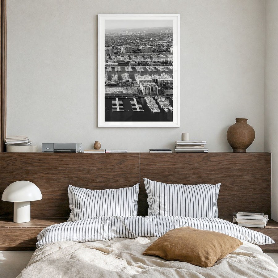 Marina del Rey Photo No 1 Poster in a white wood frame, hanging in a bedroom, white border