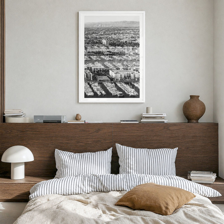 Marina del Rey Photo No 2 Poster in a white wood frame, hanging in a bedroom, white border