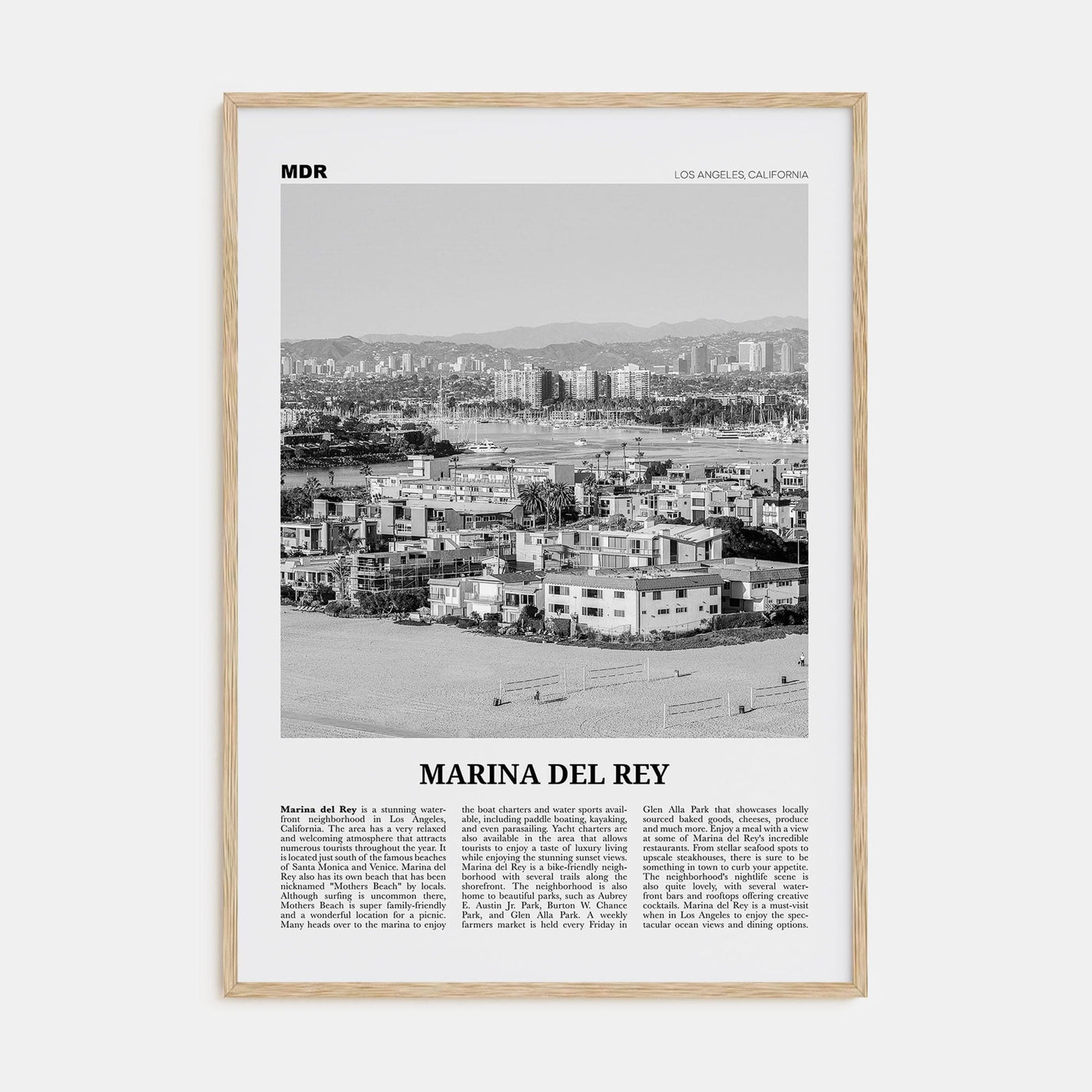 Marina Del Rey Poster Natural Wood / 8x12 in Nbourhood Travel B&W Poster