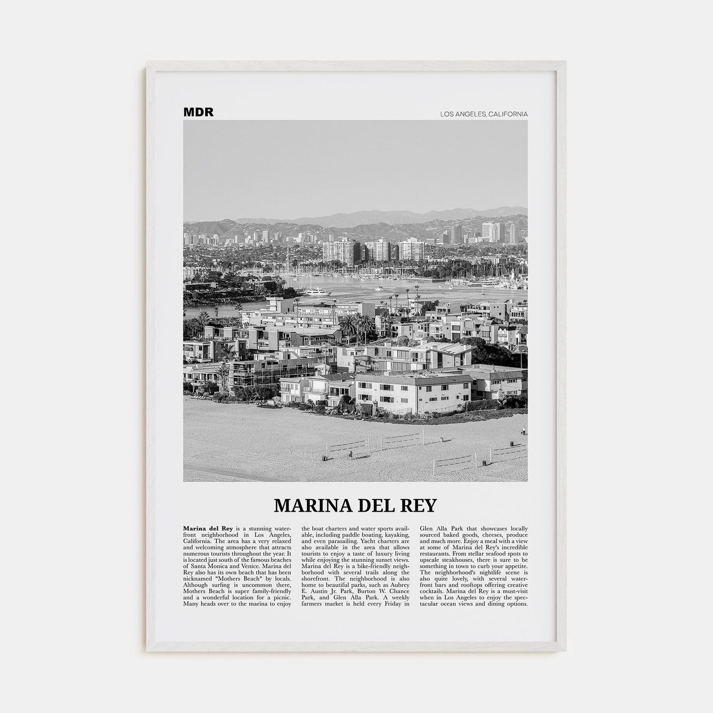 Marina Del Rey Poster White Wood / 8x12 in Nbourhood Travel B&W Poster