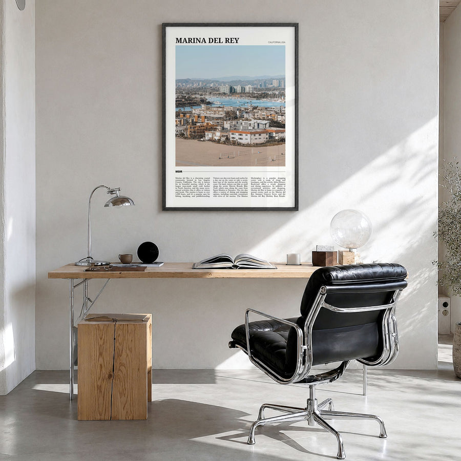 Marina del Rey Travel Poster in a black wood frame, hanging in a bright home office