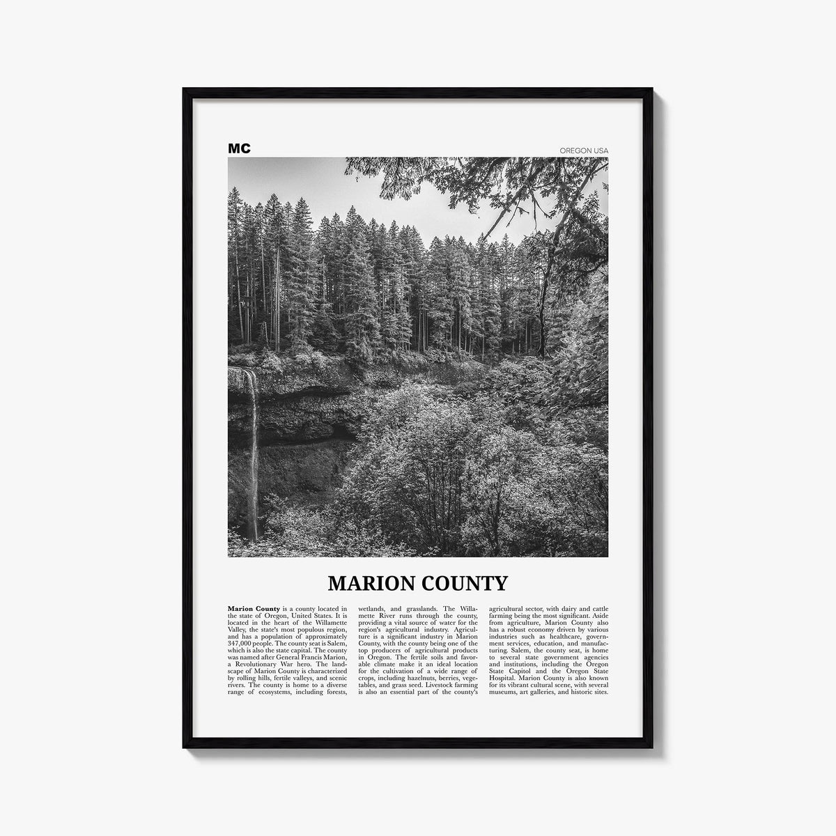 Marion County black & white newspaper poster of Indiana, USA – vertical wall art, unframed print shown in interior mockup