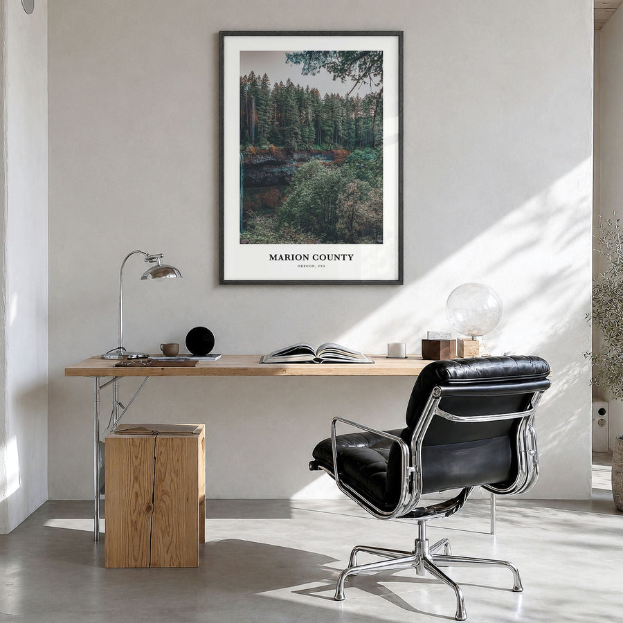 Marion County Classic Poster in a black wood frame, hanging in a bright home office