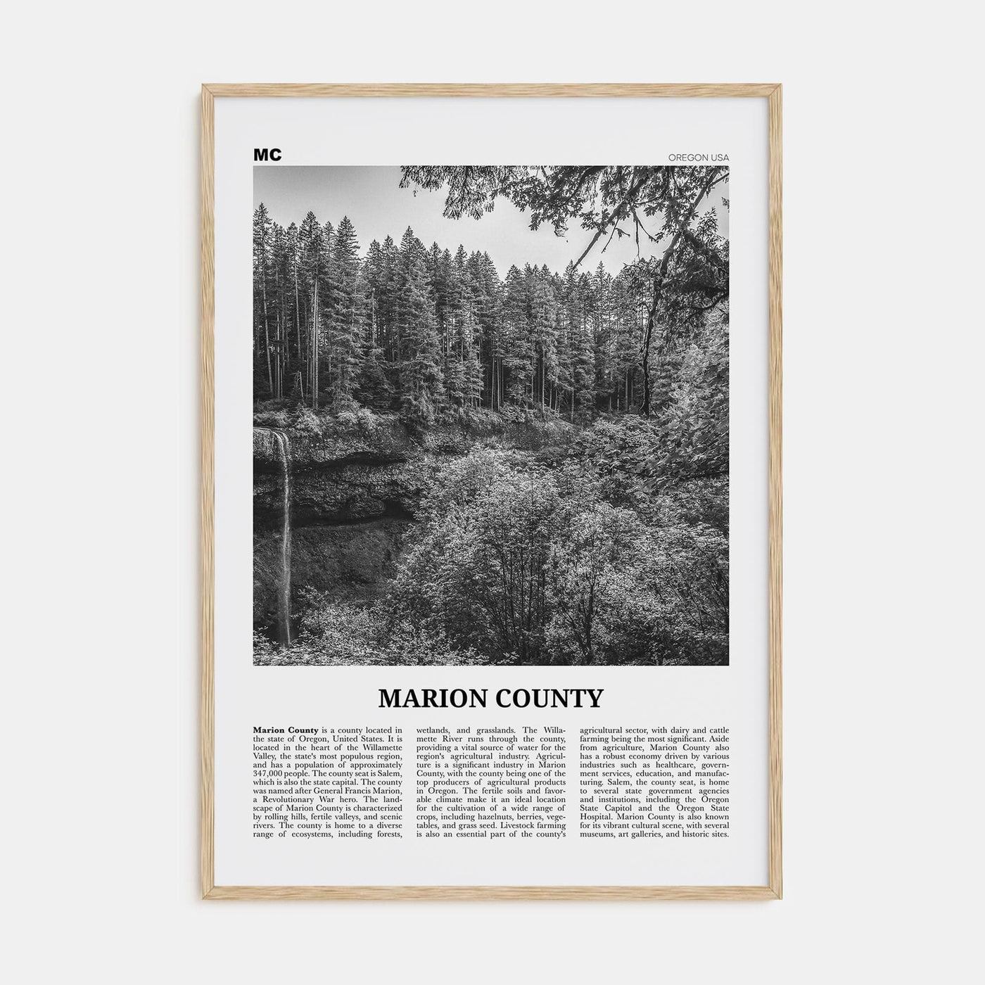 Marion County Poster Natural Wood / 8x12 in Nbourhood Travel B&W Poster