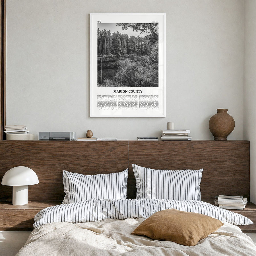 Marion County Newspaper Poster in a white wood frame, hanging in a bedroom
