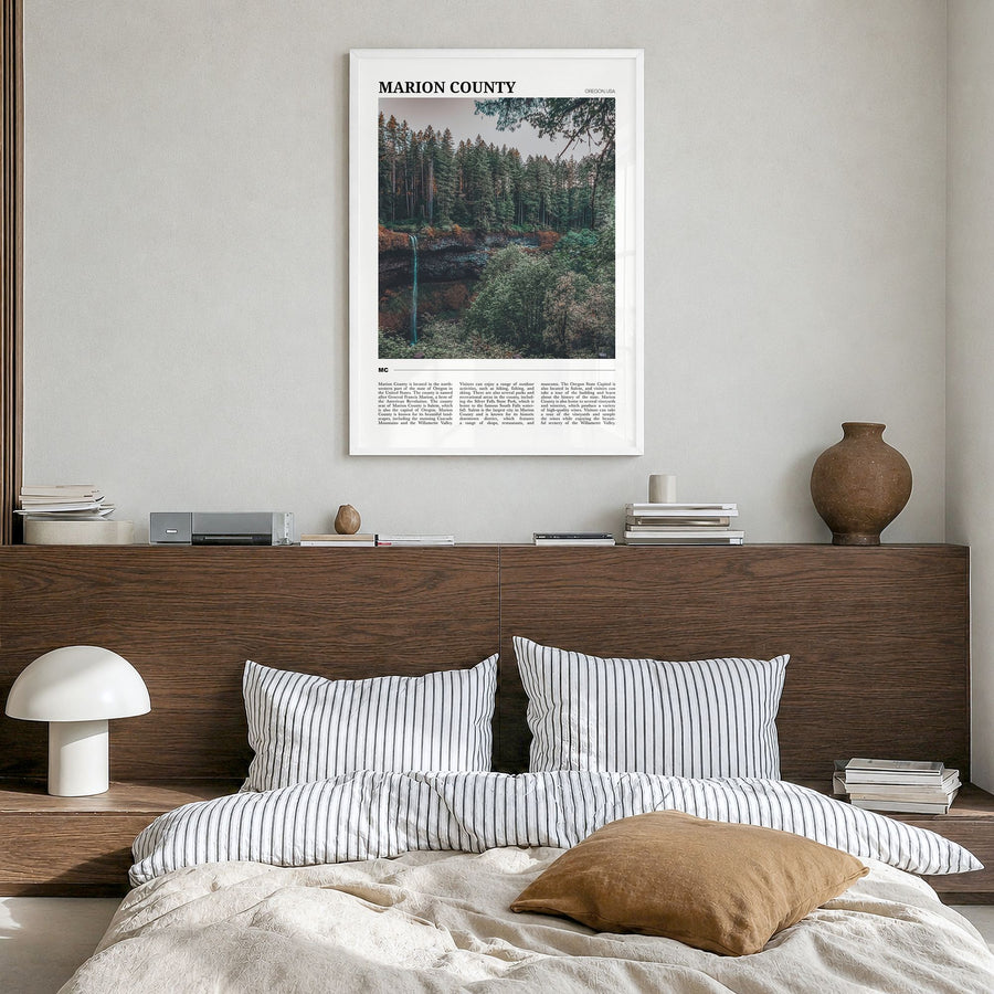 Marion County Travel Poster in a white wood frame, hanging in a bedroom