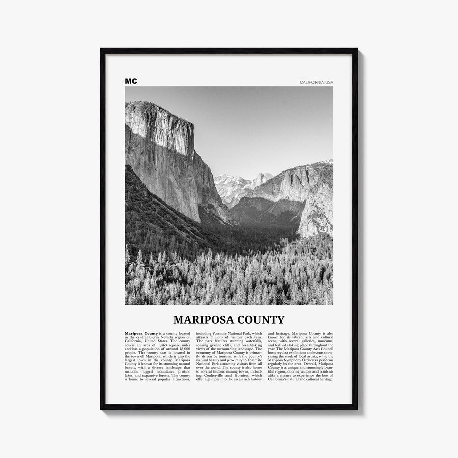 Mariposa County black & white newspaper poster of California, USA – vertical wall art, unframed print shown in interior mocku