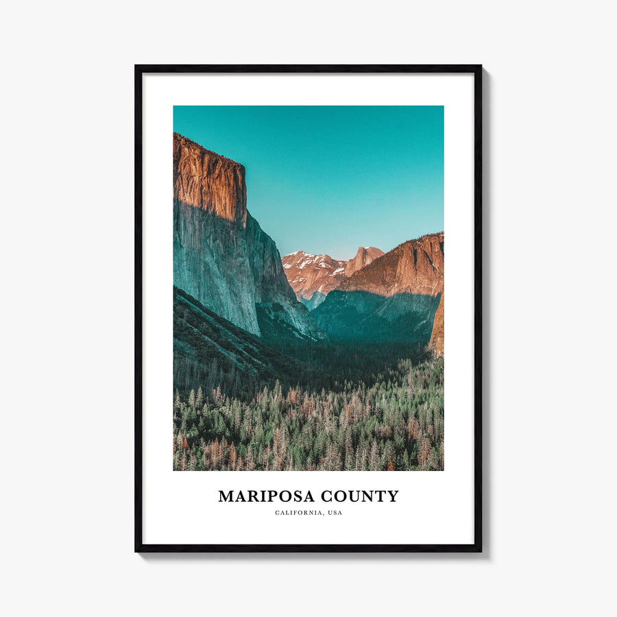 Mariposa County colorful classic poster of California, USA – vertical wall art, unframed print shown in interior mockup