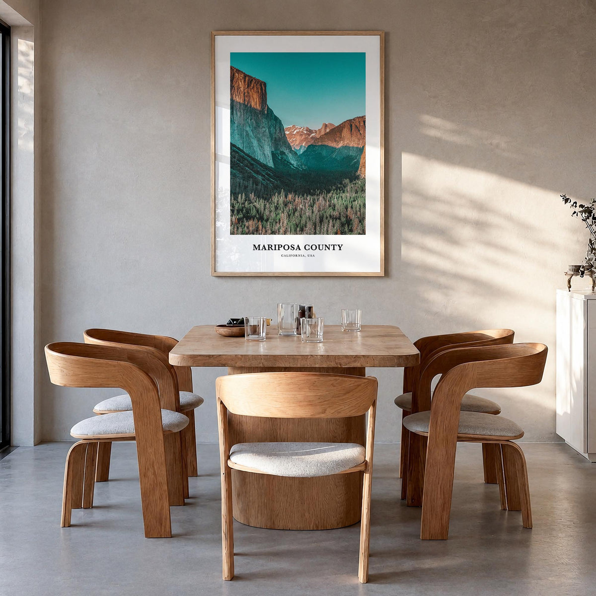 Mariposa County colorful classic poster of California, USA – vertical wall art in natural wood frame, hanging on wall