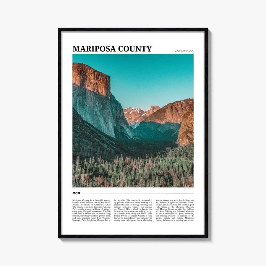 Mariposa County colorful travel poster of California, USA – vertical wall art, unframed print shown in interior mockup
