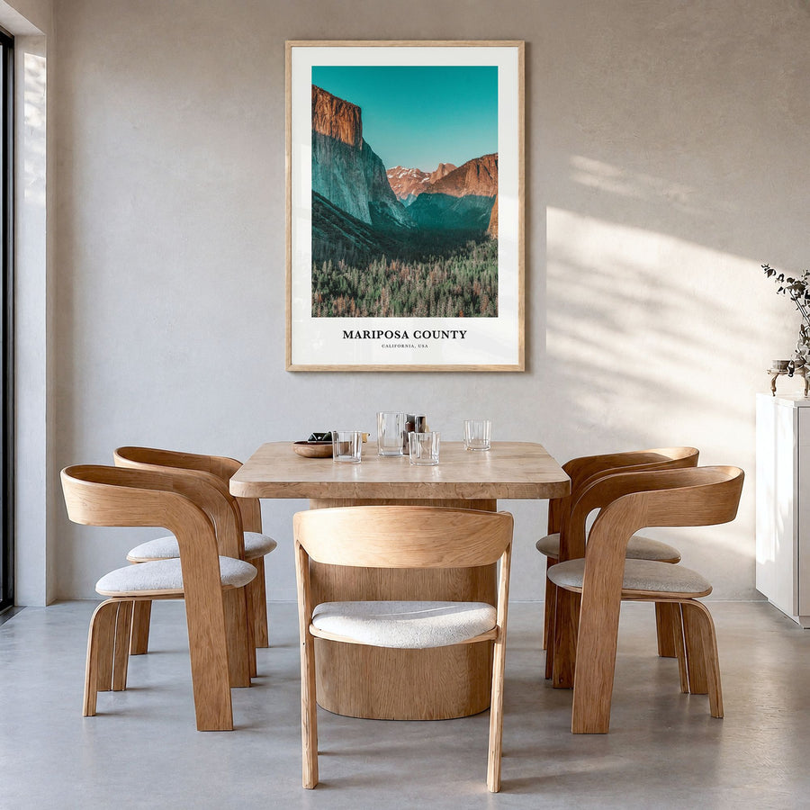 Mariposa County Classic Poster in a natural wood frame, hanging in a dining room