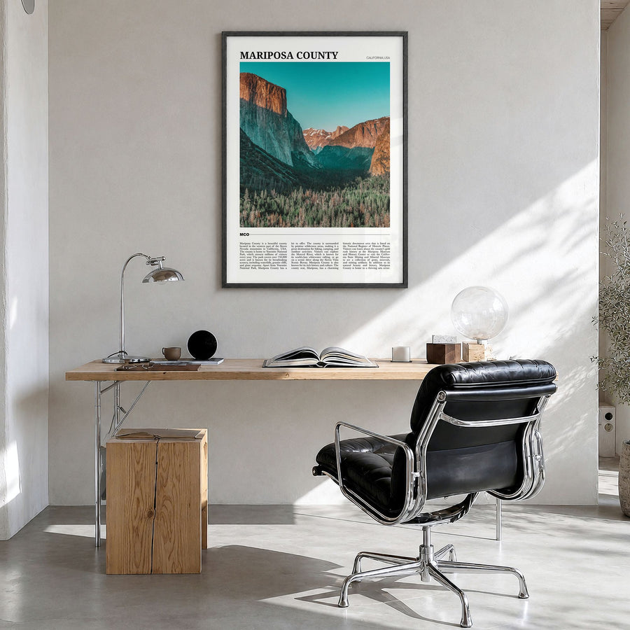 Mariposa County Travel Poster in a black wood frame, hanging in a bright home office