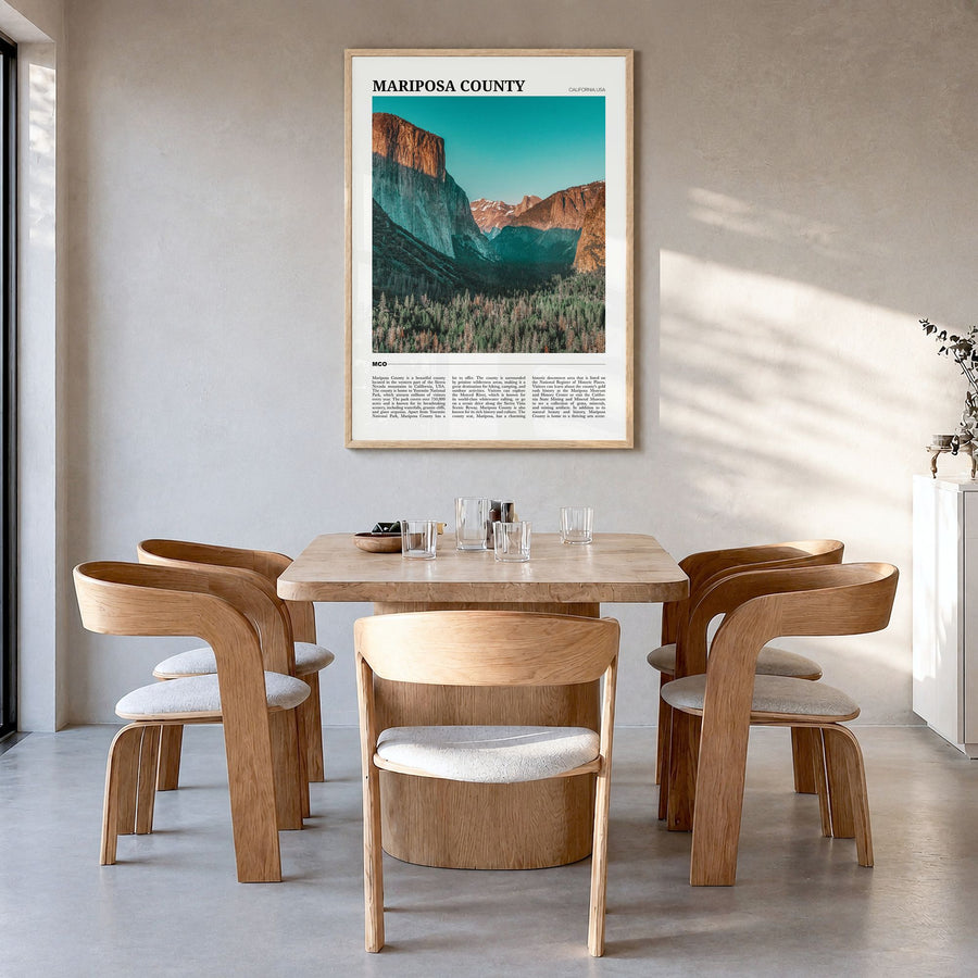Mariposa County Travel Poster in a natural wood frame, hanging in a dining room