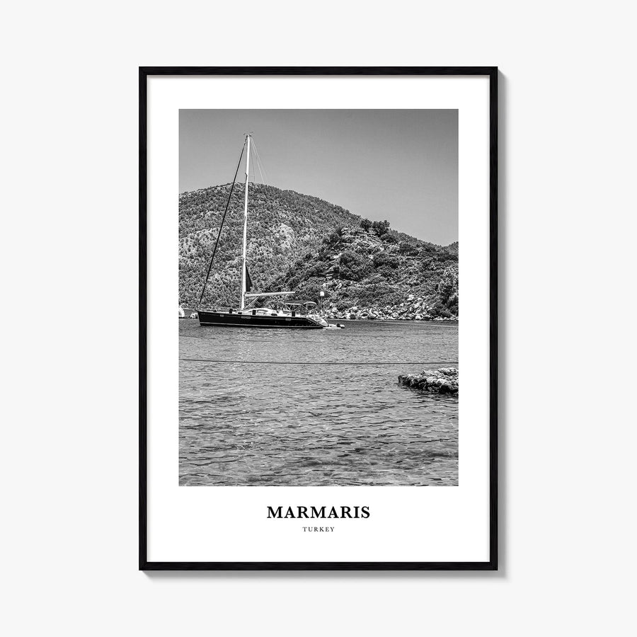 Marmaris black & white classic poster of Türkiye – vertical wall art, unframed print shown in interior mockup