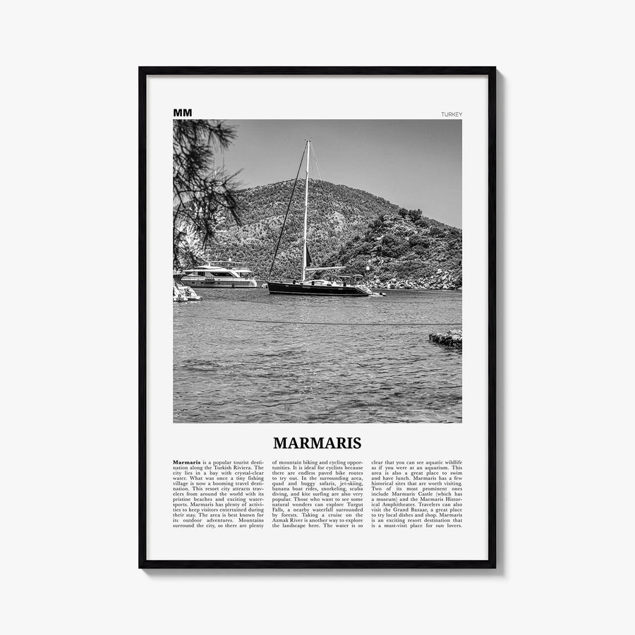 Marmaris black & white newspaper poster of Türkiye – vertical wall art, unframed print shown in interior mockup