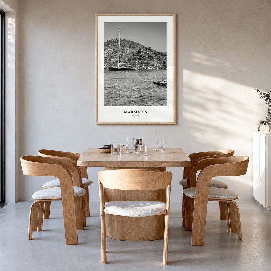 Marmaris Classic Poster in a natural wood frame, hanging in a dining room