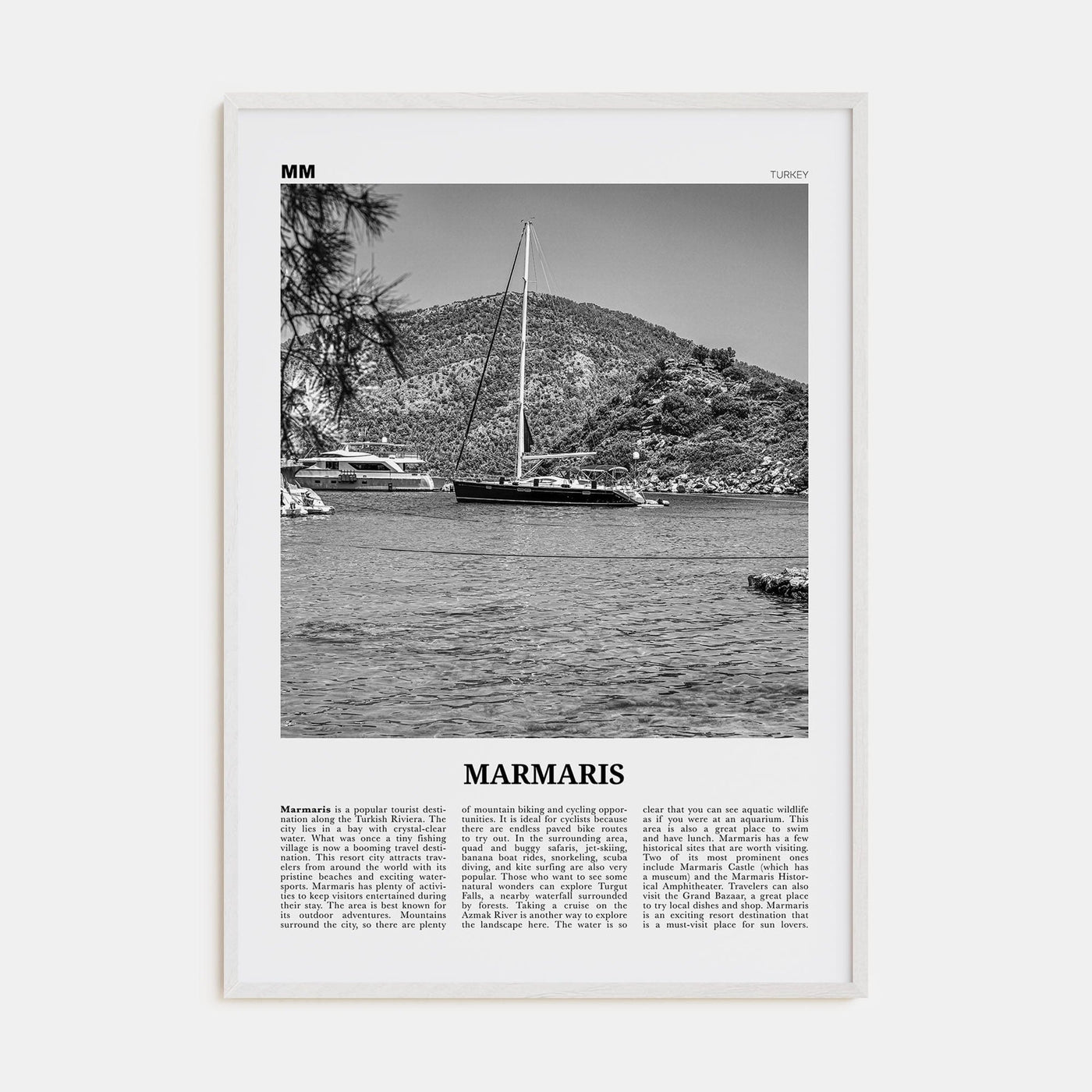 Marmaris Poster White Wood / 8x12 in Nbourhood Travel B&W Poster