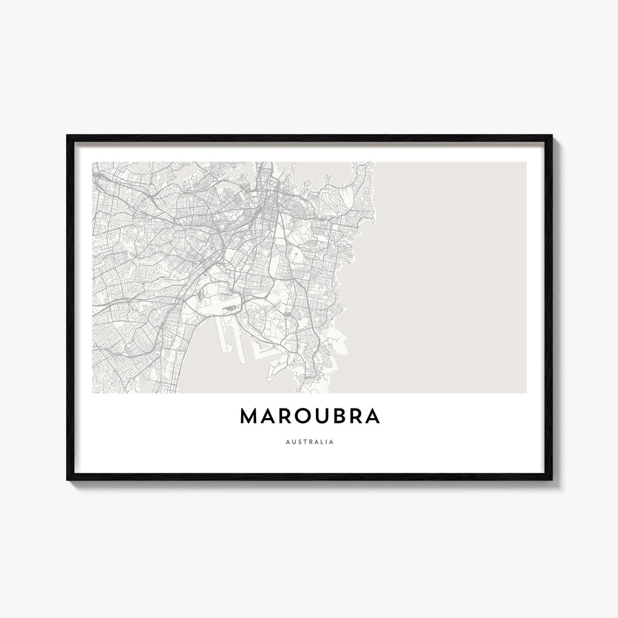 Maroubra black & white map poster of Australia – horizontal wall art, unframed print shown in interior mockup