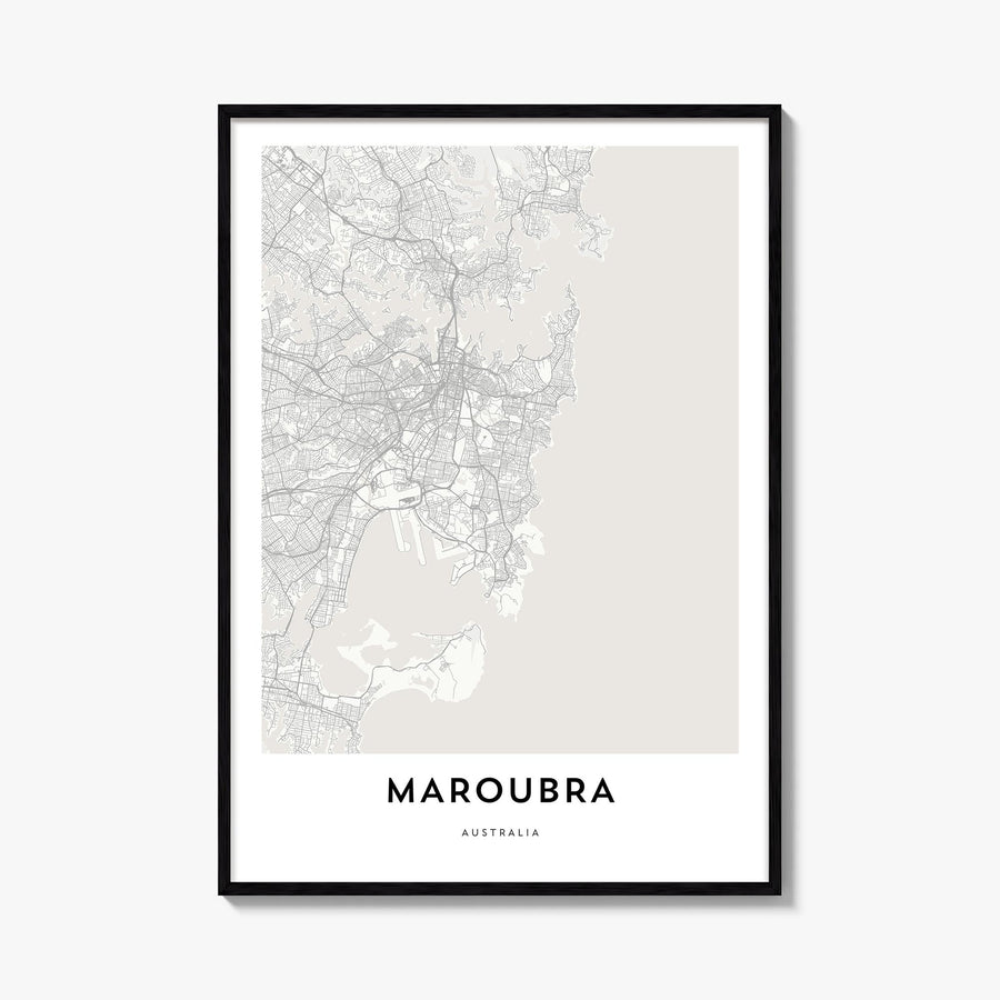 Maroubra black & white map poster of Australia – vertical wall art, unframed print shown in interior mockup
