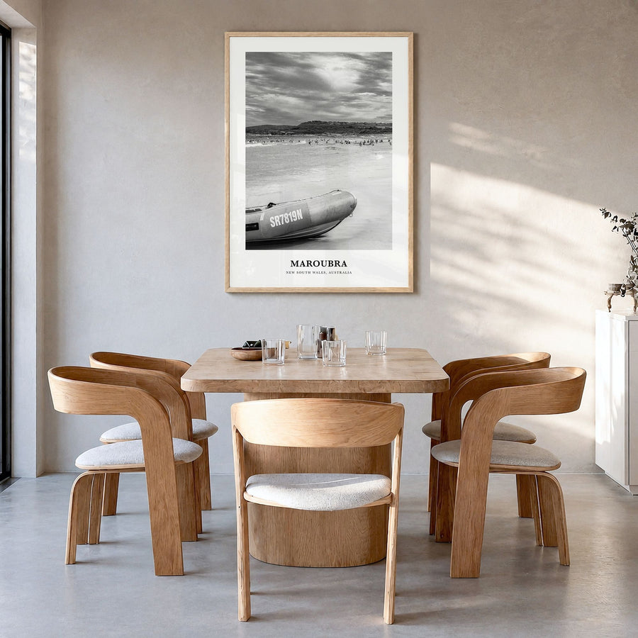 Maroubra Classic Poster in a natural wood frame, hanging in a dining room
